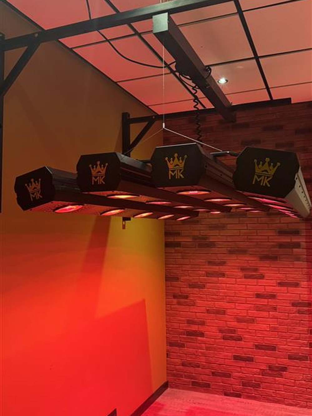 MK Premium Infrared Solarium installed in the Molenkoning showroom, showing the red infrared light.